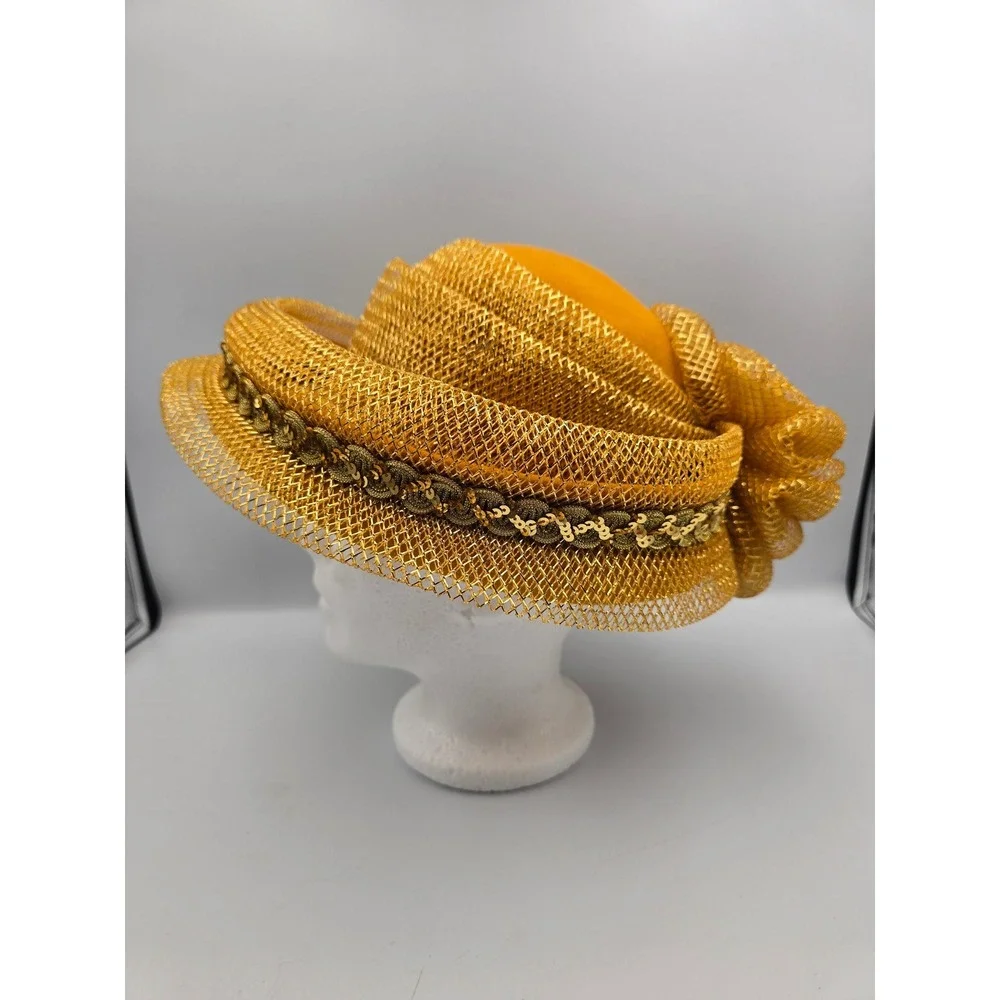 Vintage‎ Pillbox Hat Women OS Mustard Yellow Excellent Gold Mesh Sequin ,Wool